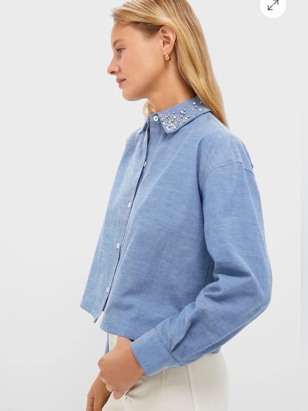 New Tuckernuck Chambray Denim Embellished Cropped Jasper Button Down size small - Picture 3 of 13